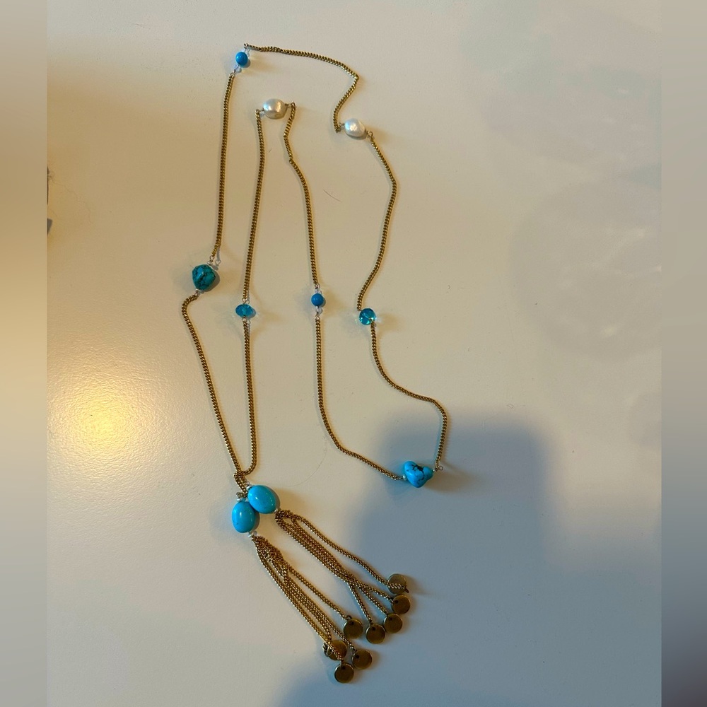 Gold and Turquoise Long Tassel Necklace